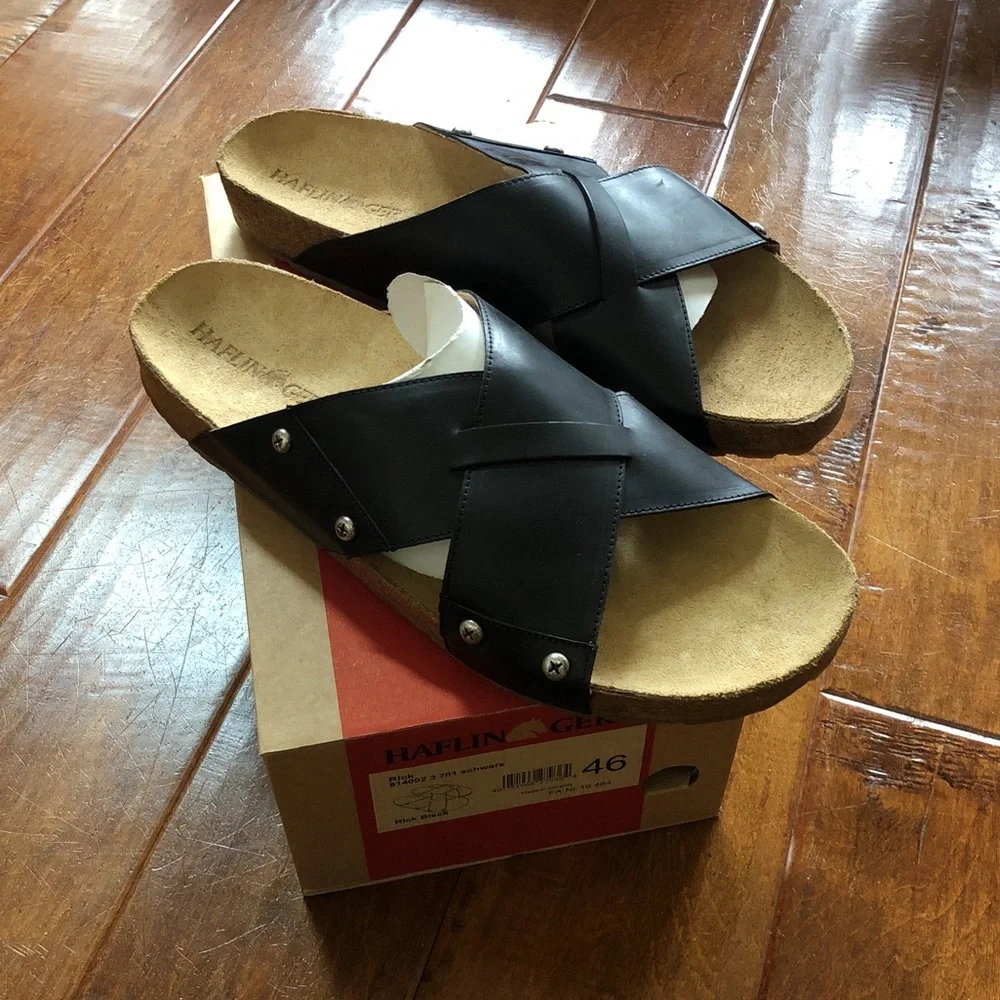 BRAND NEW IN BOX Mens HAFLINGER Rick 46 12 Black Leather Sandals Slides Shoes